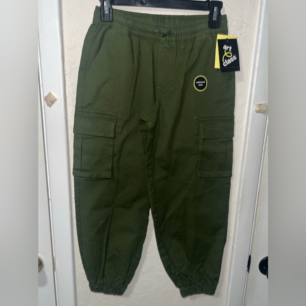 Art Class Pants Boys Sz 8 Green Jogger Cargo Woven Stretch Elastic Waist Pockets